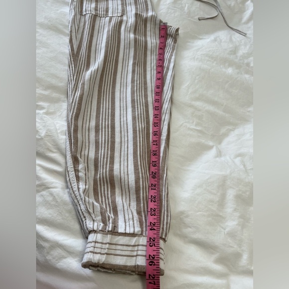 Per Se | Women's SZ M | Khaki White Thin Stripe Pull On Drawstring Linen Jogger - Picture 7 of 8